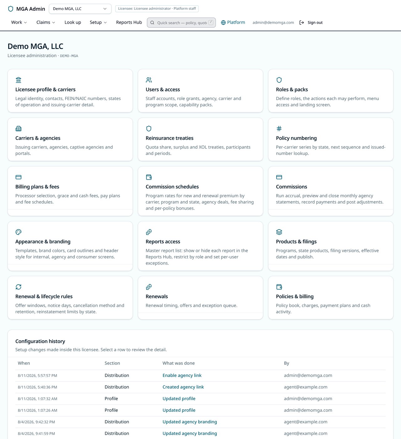 Licensee administration dashboard with setup cards and configuration history