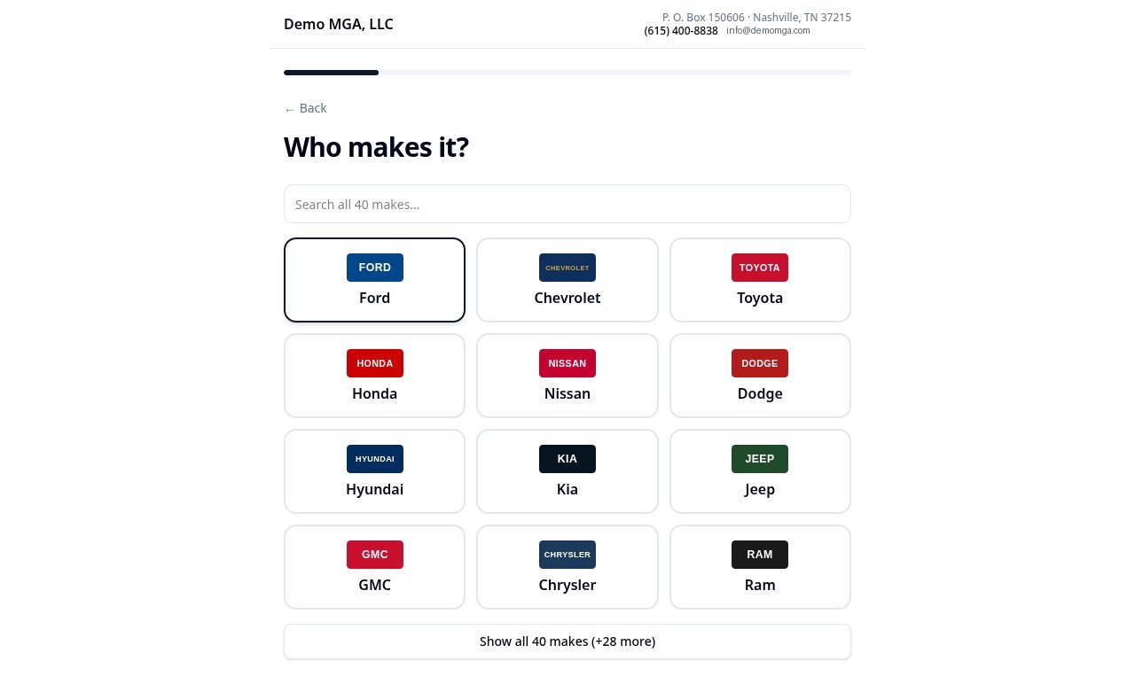 Vehicle make selection grid with manufacturer logos