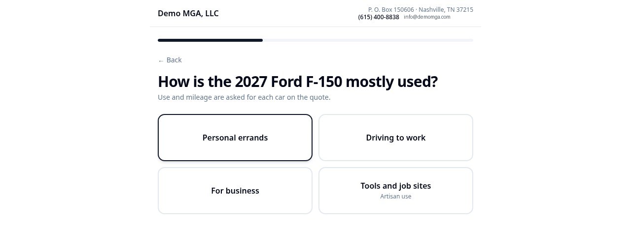 Vehicle usage selection screen