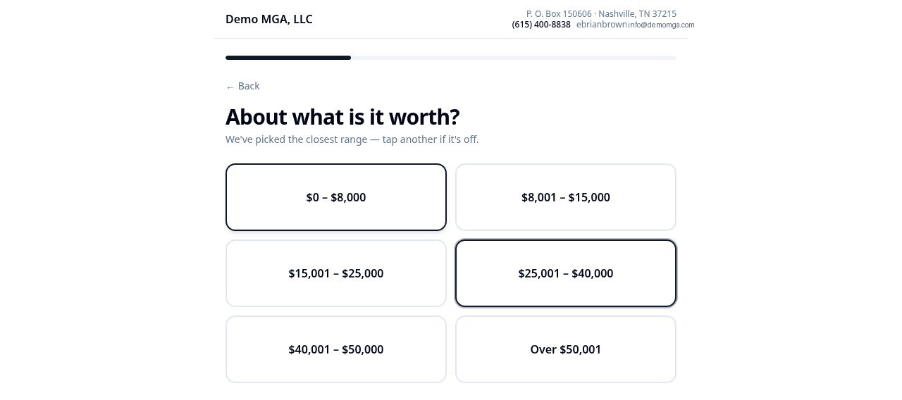 Vehicle value band selection screen