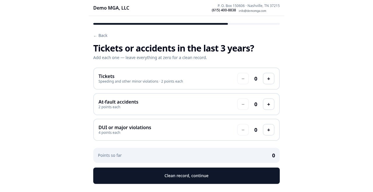 Violation capture screen with counters for tickets, at-fault accidents, and major violations