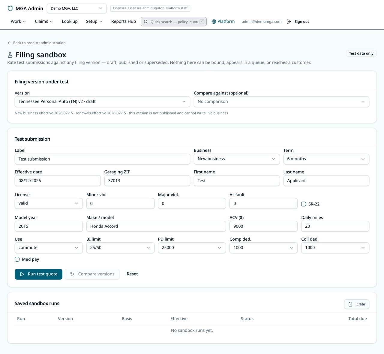 Filing sandbox screen for running test quotes against a filing version
