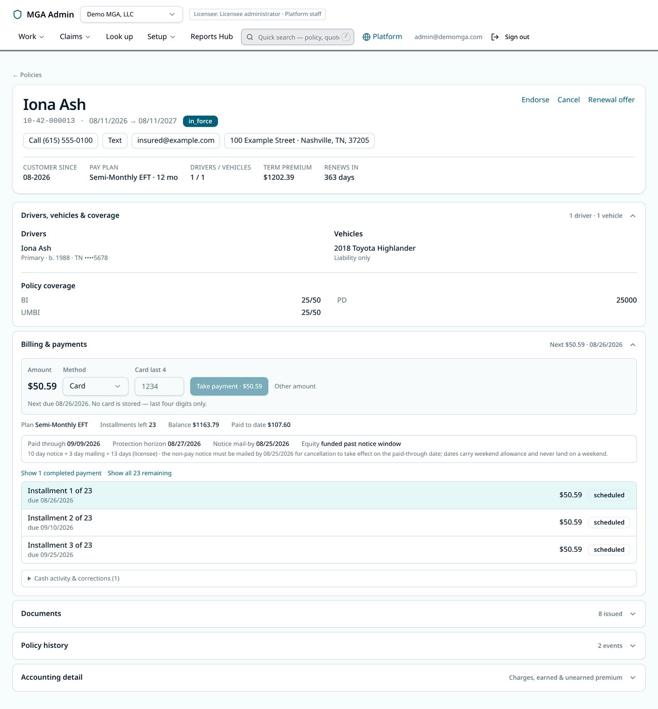 Policy record showing term, coverage, billing schedule, equity and documents